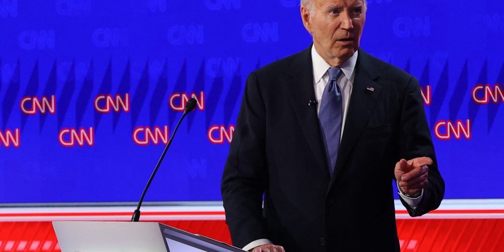 Democrat candidate, U.S. President Joe Biden, points during a presidential debate with Republican candidate, former U.S. President Donald Trump, in Atlanta, Georgia, U.S., June 27, 2024. REUTERS/Brian Snyder